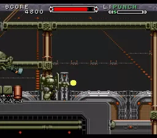 The mech connects a Punch attack with an enemy walker on a girder platform; the PUNCH weapon indicator burns red as the score holds.