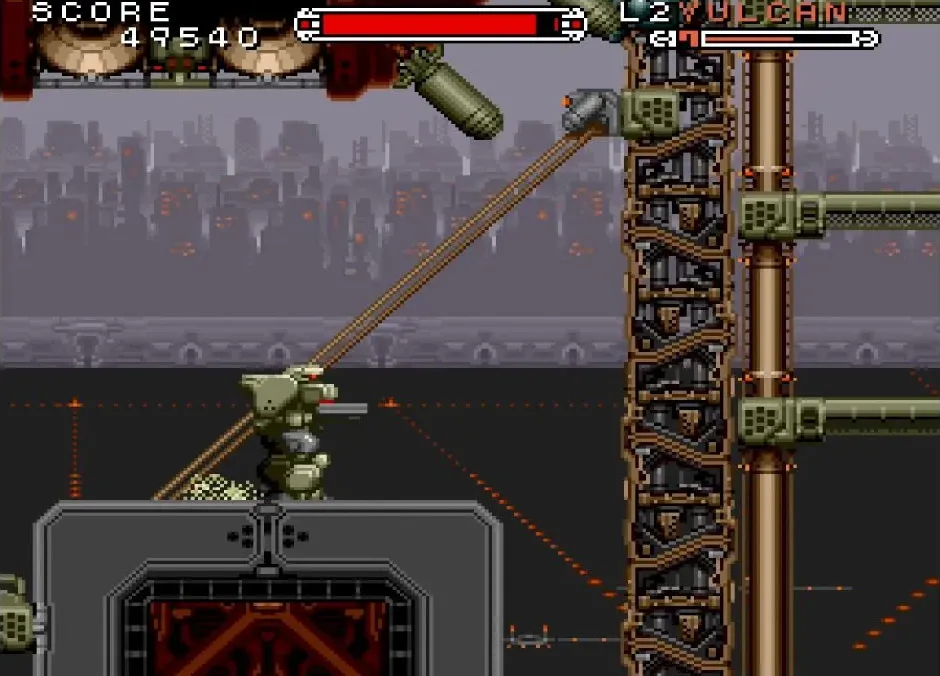 Mech extends a cable from a low platform across a violet cityscape of cooling towers and chimneys under a grey sky.