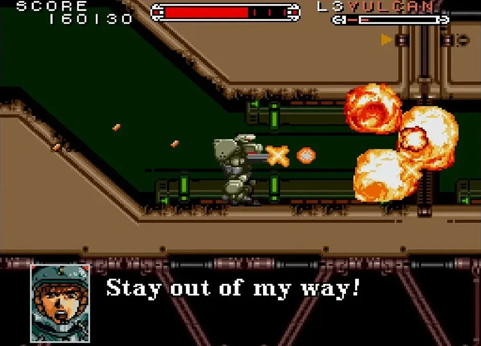 Mid-mission cabin chatter restored: Crea's portrait under the subtitle 'Stay out of my way!' as Jake's mech fires into chained explosions on a Stage 1 platform.