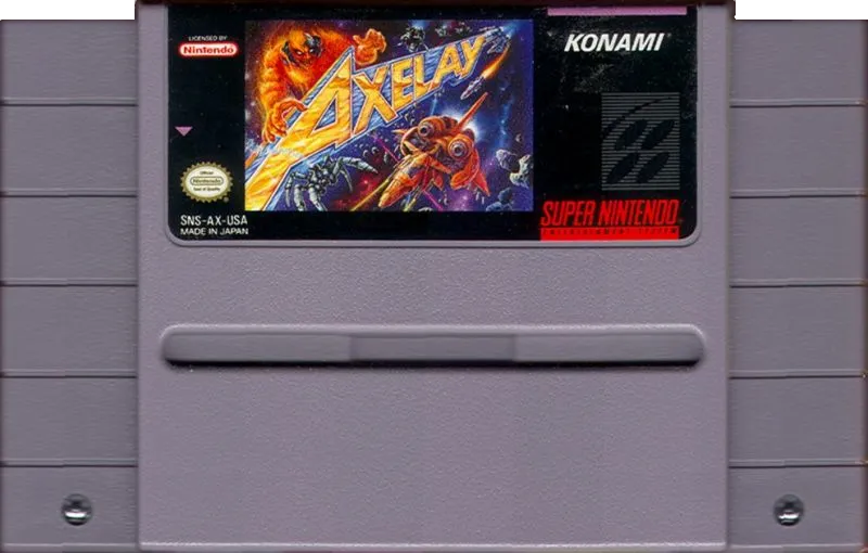 Axelay Super Nintendo cartridge with the game's orange ship and logo on the label.