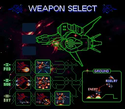 Axelay's weapon-select screen, showing three weapon rows and a wireframe diagram of the ship.