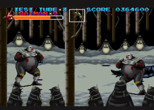 Two near-identical strongman bosses in clown facepaint and torn grey costumes flank a snowy clearing in a birch forest, with rows of helmeted penguin minions marching toward the camera at the bottom of the frame.