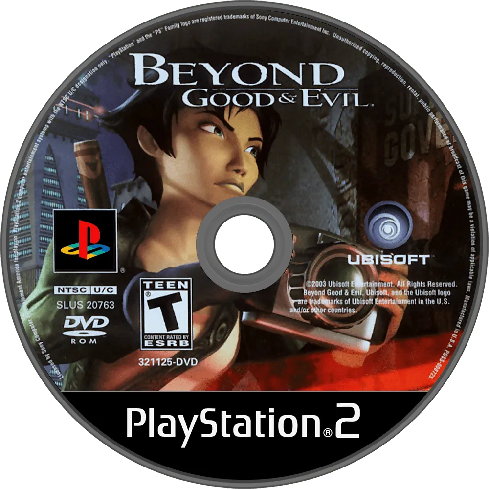North American PlayStation 2 DVD-ROM disc for Beyond Good & Evil: Jade's portrait against a grey background, PlayStation 2 wordmark at the foot, Ubisoft and DVD-ROM labels at the spindle.
