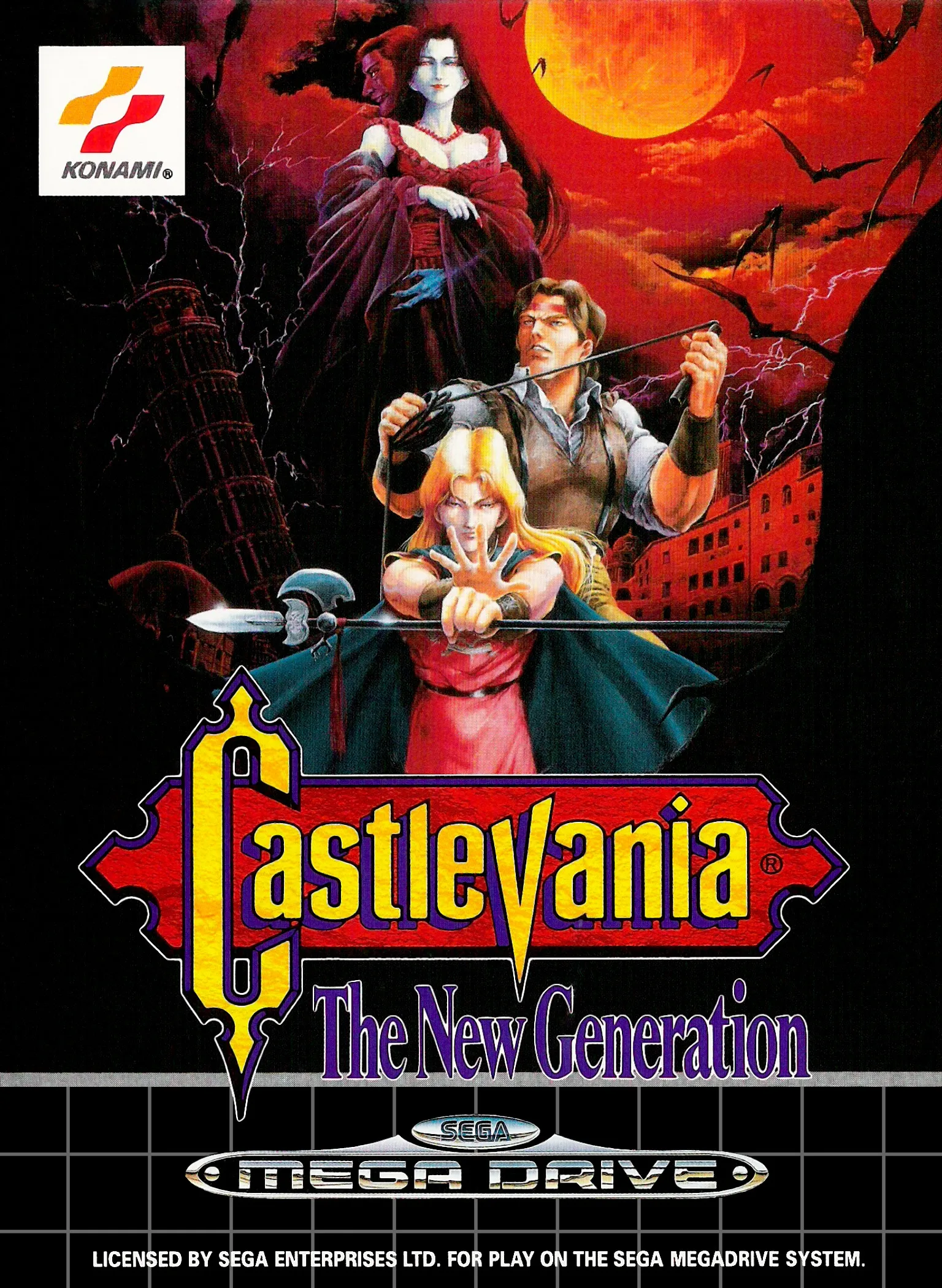 European Mega Drive box for Castlevania: The New Generation: identical figure painting, the word 'blood' removed from the title, sea-of-blood recoloured to a blue water field.