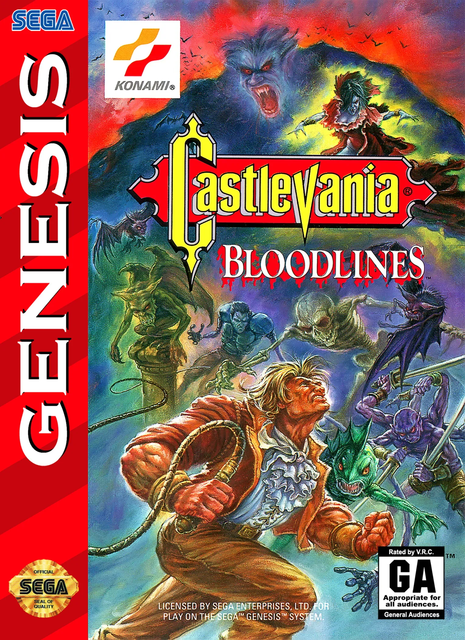 North American Genesis box for Castlevania: Bloodlines, with the John Morris and Eric Lecarde figures rendered against a stained-glass red background and the franchise logo across the top.