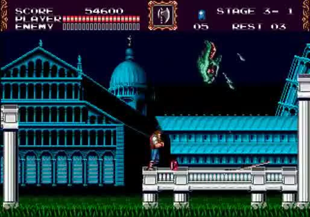 John Morris stands on a stone parapet in the foreground; behind him, the Pisa Cathedral dome and the silhouette of the Leaning Tower of Pisa rise against a blue night sky, lit by a single moon. Stage indicator reads '3 — 1.'