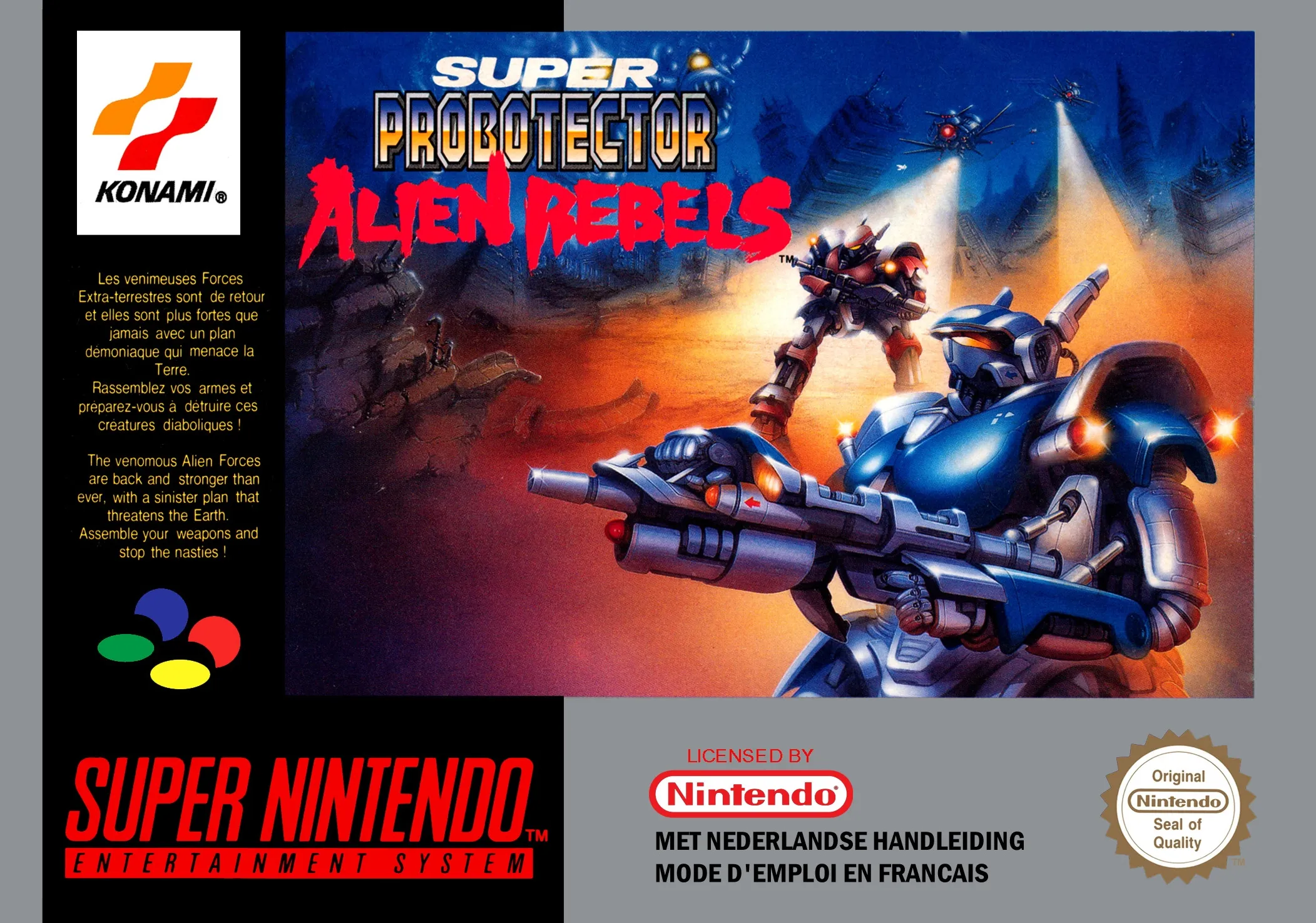 Super Probotector: Alien Rebels PAL SNES box art with two armoured robots.