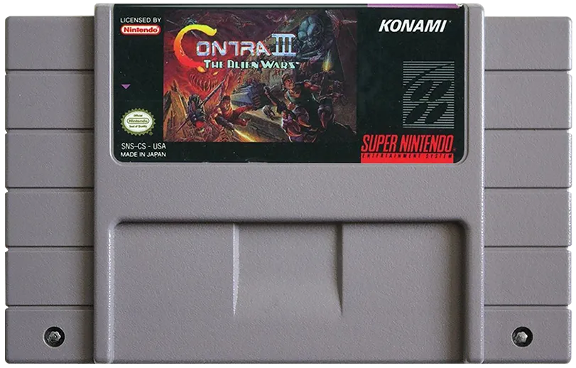 Contra III: The Alien Wars Super Nintendo cartridge with grey shell and central label.