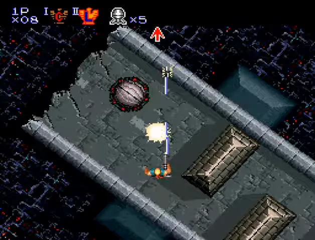 Top-down view of a stone-floored corridor with Bill firing upward at a hovering alien orb.