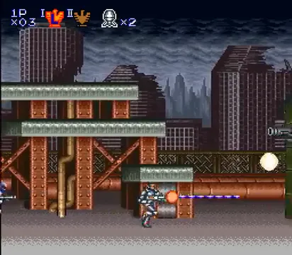 A blue armoured robot stands on a rooftop firing a green energy beam in Super Probotector.