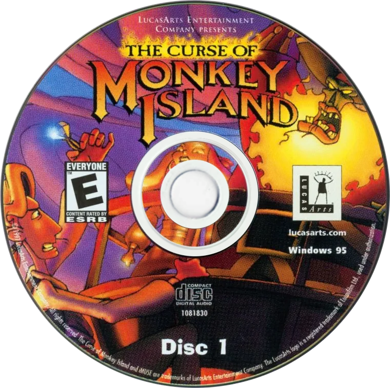 United States Windows 95 CD-ROM for The Curse of Monkey Island, 1997: Guybrush leaning out of an island skyline, the title in painted hand-lettering across the top, "Disc 1" stamped at the foot.