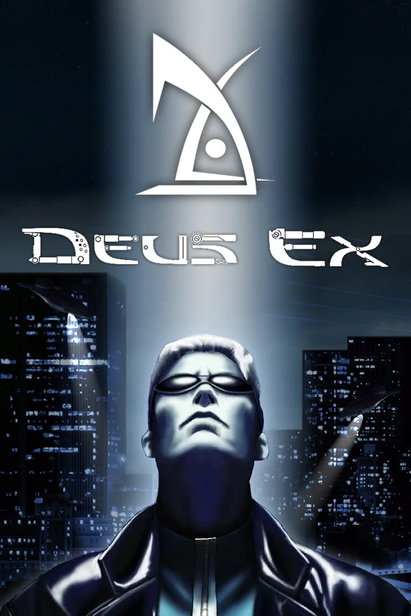 A Deus Ex poster with J.C. Denton standing under a spotlight above a blue city skyline and the game's logo.
