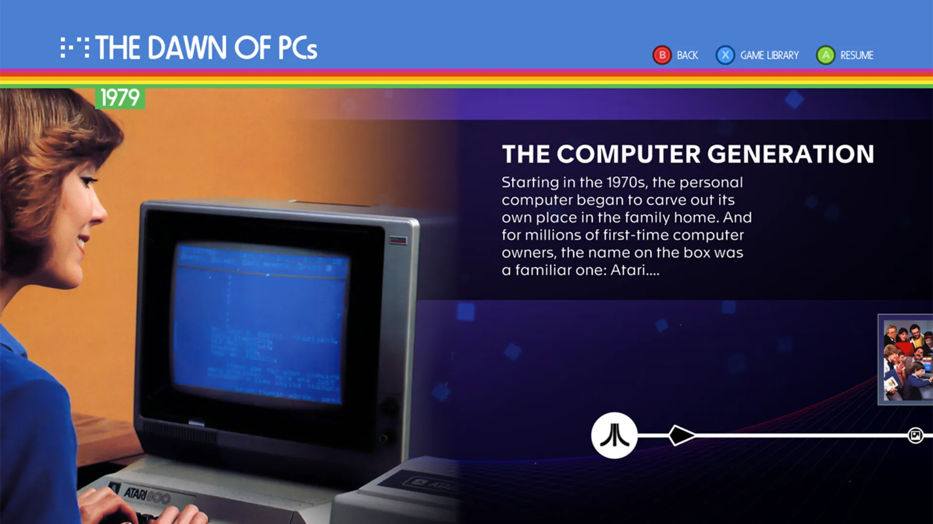 Atari 50 chapter interface showing 'The Dawn of PCs, 1979' with a period photograph of a woman at an Atari 800 computer and a timeline bar beneath.