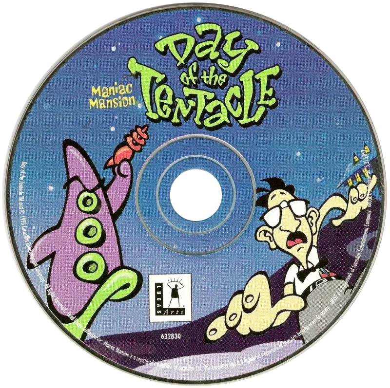 Day of the Tentacle CD-ROM disc face: purple tentacle on the left, mascot characters on the right against a swirling sky, with the title in cartoon hand-lettering across the top.