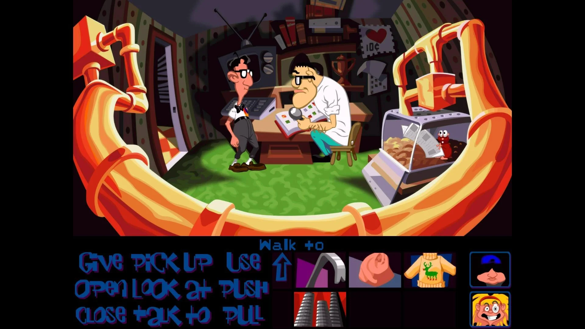 Bernard and Red Edison in the laboratory, shown with the classic verb interface.