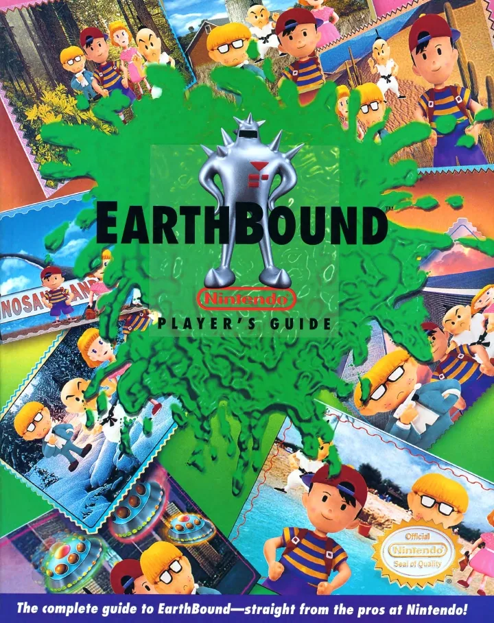 EarthBound Player's Guide cover: a 150-page magazine-format strategy guide bundled with every NA copy, party characters posed against a yellow background.