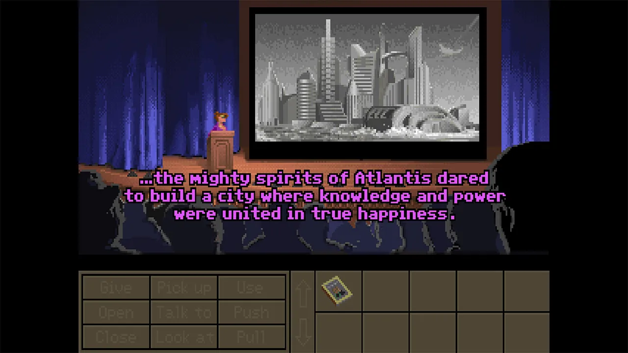 Sophia Hapgood at a nightclub podium, lecturing an audience about Atlantis with a painted skyline behind her.