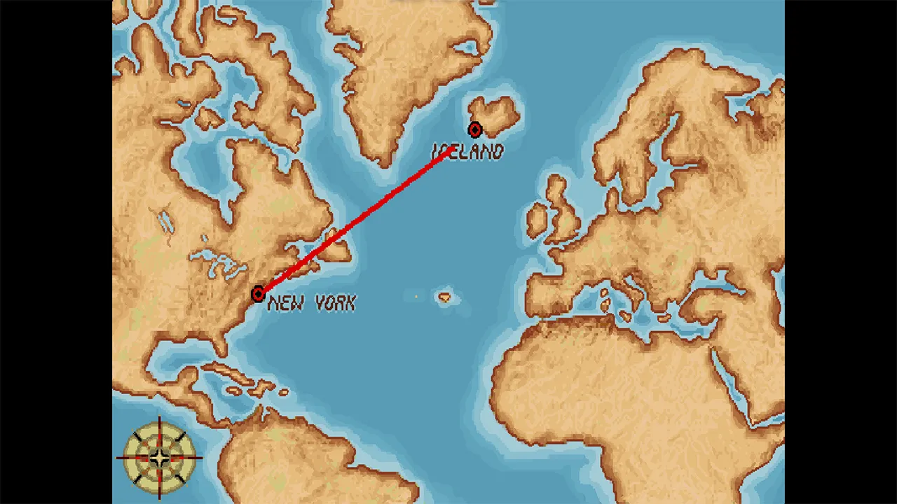 The game's travel screen: a hand-painted Atlantic map with a red line plotting Indy's flight from New York to Iceland.