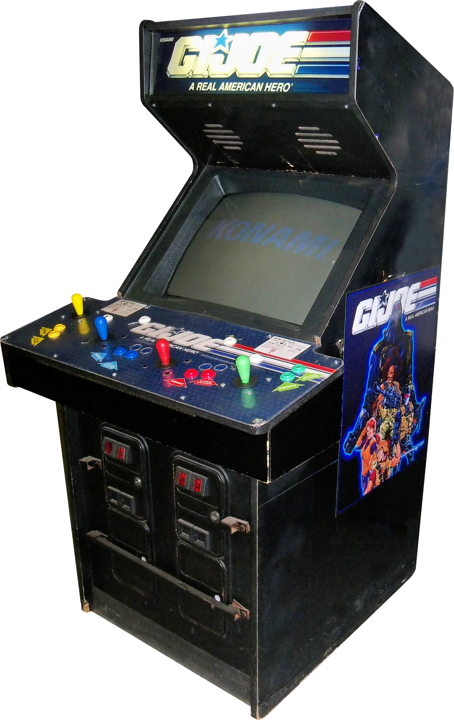 The G.I. Joe four-player upright cabinet, black with the red-white-and-blue logo marquee, four joystick stations and a side-panel painting of the four playable Joes.