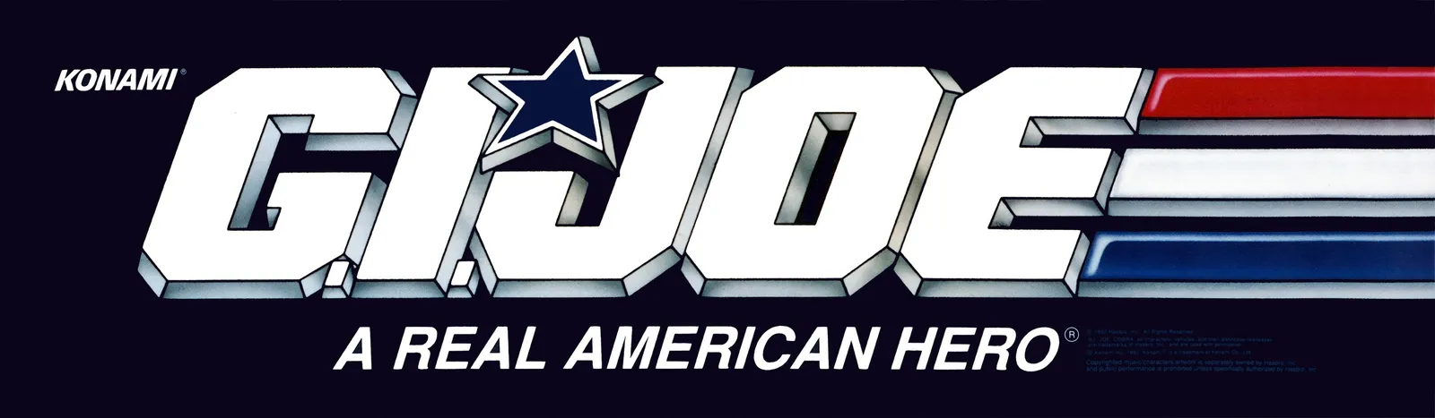 The G.I. Joe arcade cabinet marquee — a wide horizontal panel with the chrome G.I. Joe logo over the red, white and blue cartoon-era striping, a navy star in the centre, Konami logo at the left.