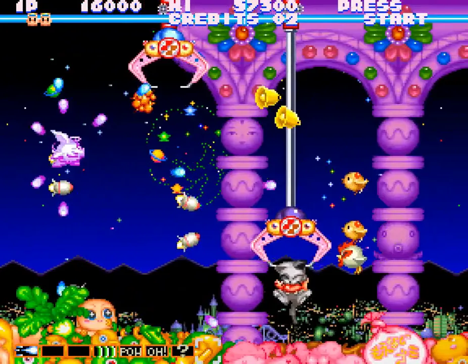 Stage 1 pillars with showgirls below, character ship dodging bullets, painted cabaret architecture in pink and gold.