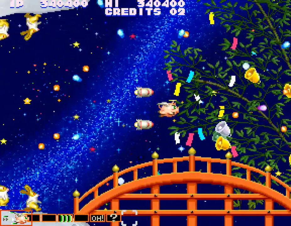 A red Japanese bridge stage with cherry blossoms and falling petals; the player ship navigates bullets through the foliage.