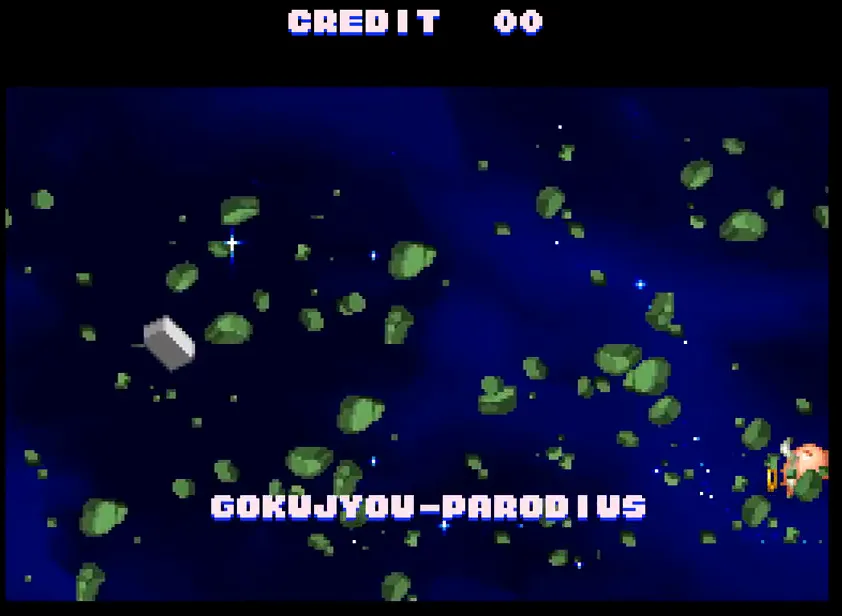 The Special 'Shooting History' bonus stage — green asteroids drifting on a starfield with a GOKUJYOU-PARODIUS title flash.