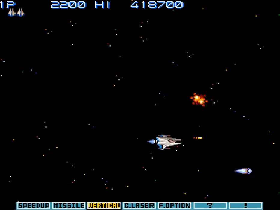 Vic Viper in stage one against a starfield, Edit Mode HUD strip across the bottom showing SPEEDUP / MISSILE / VERTICAL / C.LASER / F.OPTION / ? / ! slots.