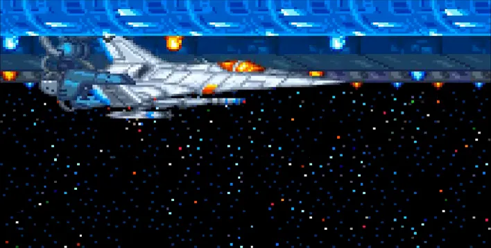 The SNES intro cutscene of Vic Viper flying along the underside of a blue space station, starfield beneath, the ship banking gently toward the right edge of the screen.