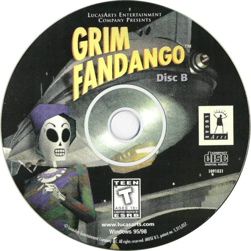 North American Windows CD-ROM for Grim Fandango, 1998: Manny Calavera in tuxedo against a film-noir cityscape, the title in art-deco lettering above, "Disc B" stamped at the foot.