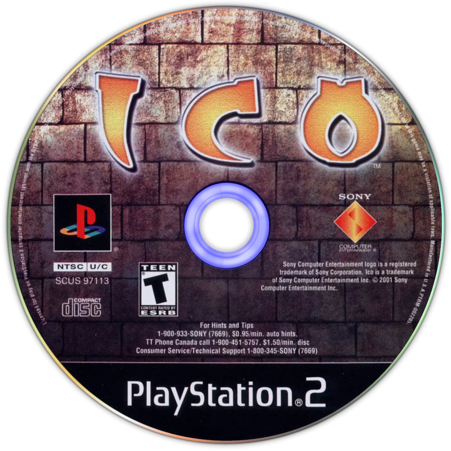North American PlayStation 2 disc for Ico: copper-orange ICO logo set into a brick wall texture, PlayStation 2 wordmark at the foot, the disc's blue underside bleeding through the centre.