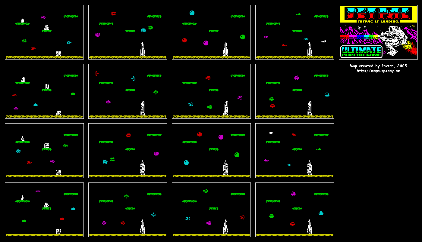 Game map showing all sixteen Jetpac planets as a grid of single-screen layouts, each with the same basic structure — platforms, a rocket, scattered enemies — but with progressively different enemy types and configurations.