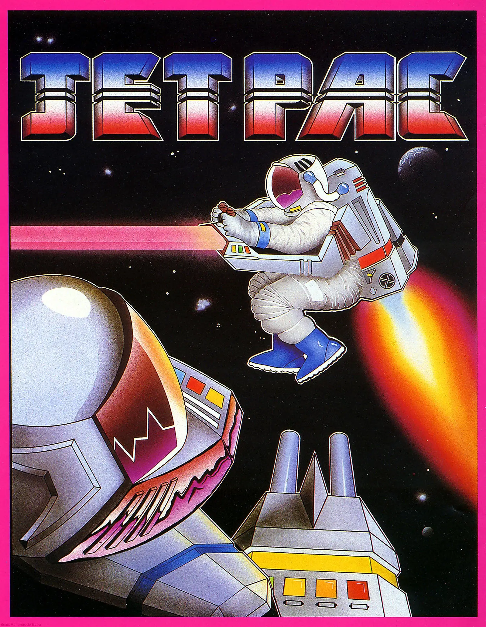 Official Jetpac poster: Jetman in a full white spacesuit rockets above sci-fi structures against a deep black sky, the chrome Jetpac logo above him.