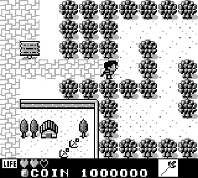 Prince Sablé walking through a forest of dot-stippled trees, with a HUD reading LIFE and COIN at the foot of the screen.