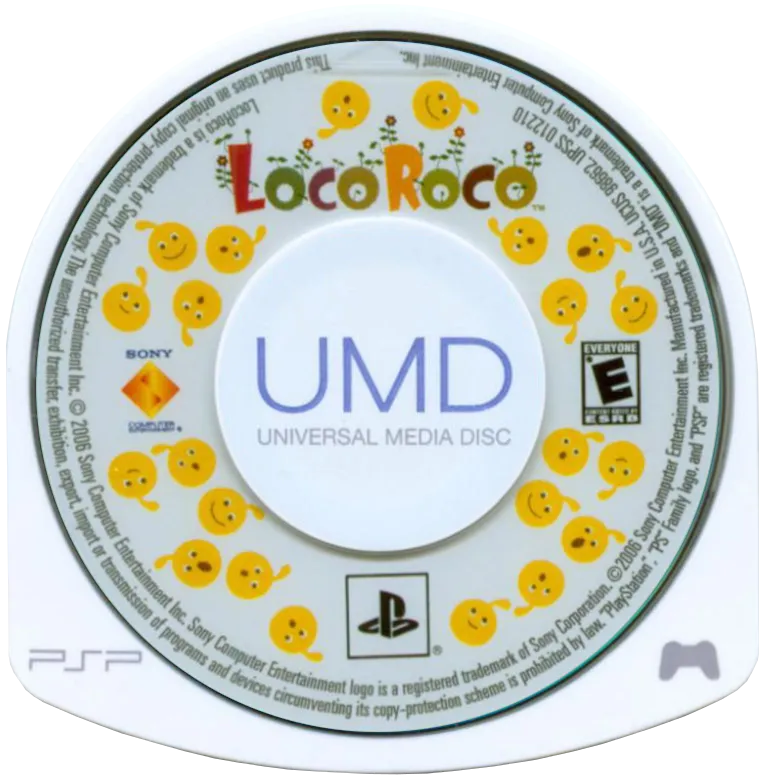 North American PSP UMD for LocoRoco, 2006: the cartridge-shaped Universal Media Disc with a clear plastic window framing the disc face, yellow LocoRoco blobs scattered around the title and the UMD wordmark.
