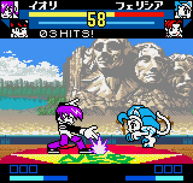 Iori Yagami of The King of Fighters fighting Felicia of Darkstalkers in front of Mount Rushmore, a combo counter reading 3 HITS at the top.