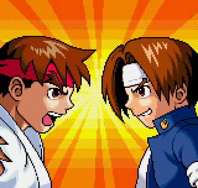 Kyo Kusanagi of The King of Fighters fighting Ryu of Street Fighter in chibi proportions, Japanese castle in the background, a combo counter reading 3 HITS at the top.