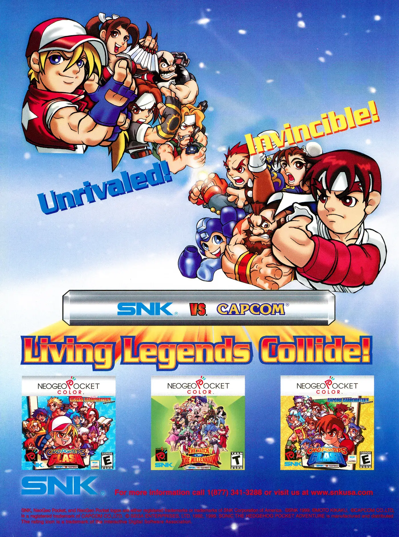 SNK North American print ad reading 'Unrivaled! Invincible! Living Legends Collide!' above the SNK vs Capcom logo and three Neo Geo Pocket Color boxes, the SNK roster drawn on the left and the Capcom roster on the right.