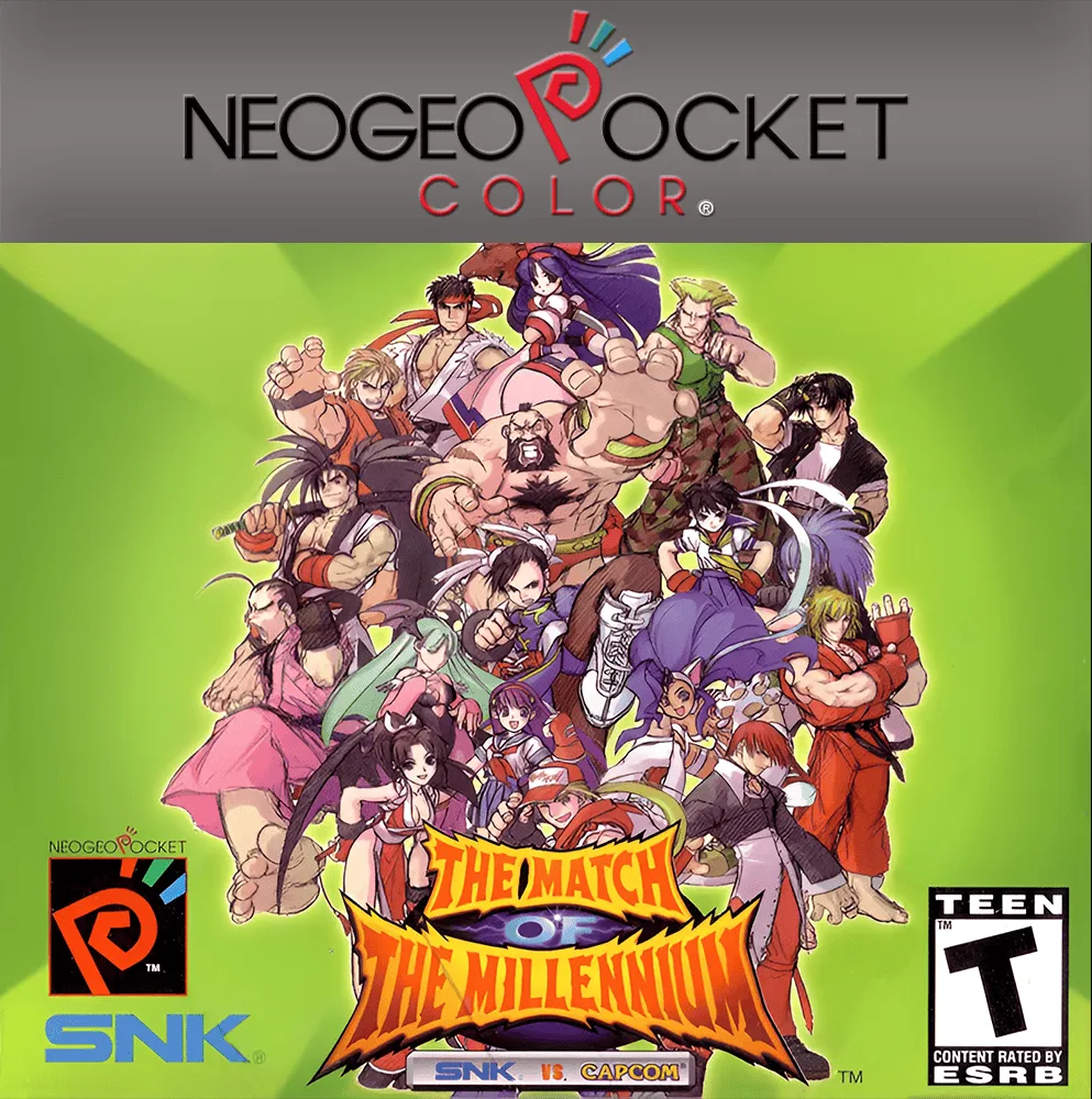 Match of the Millennium cartridge rendered inside Neo Geo Pocket Color packaging chrome, the full twenty-six-character roster drawn in group portrait against a green background.