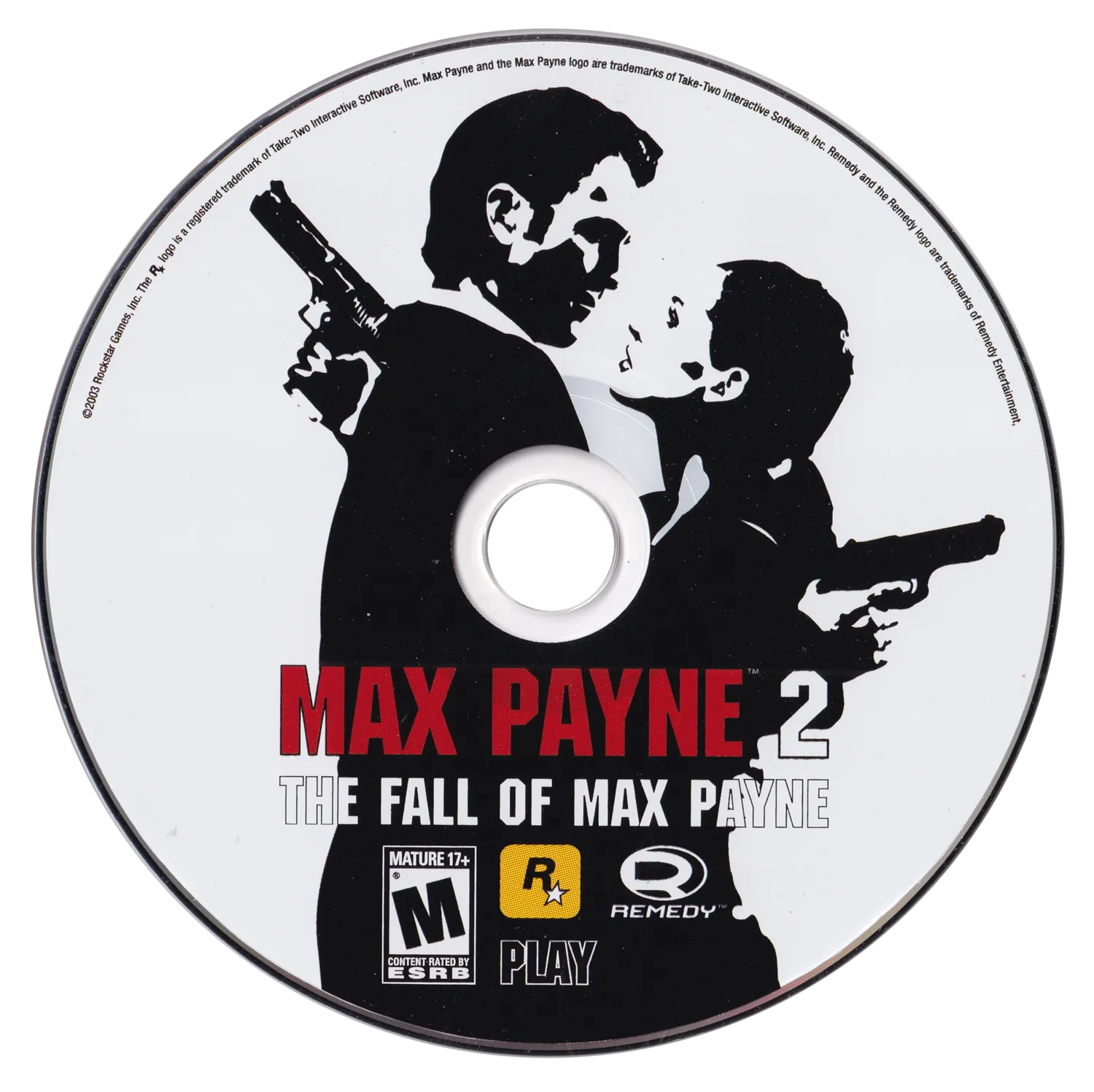 North American PC DVD-ROM for Max Payne 2: The Fall of Max Payne — white disc face with Max and Mona standing back-to-back in monochrome, the title and Rockstar/Remedy/Play logos along the foot.
