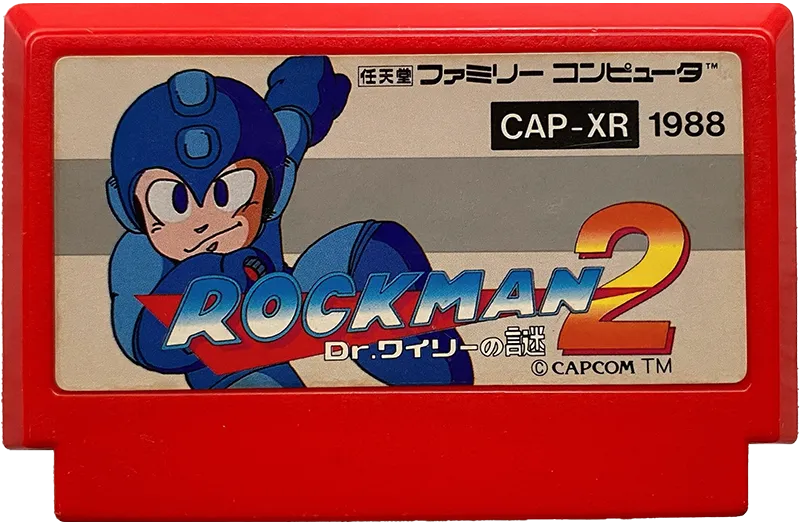 Rockman 2 Famicom cartridge in Capcom red.