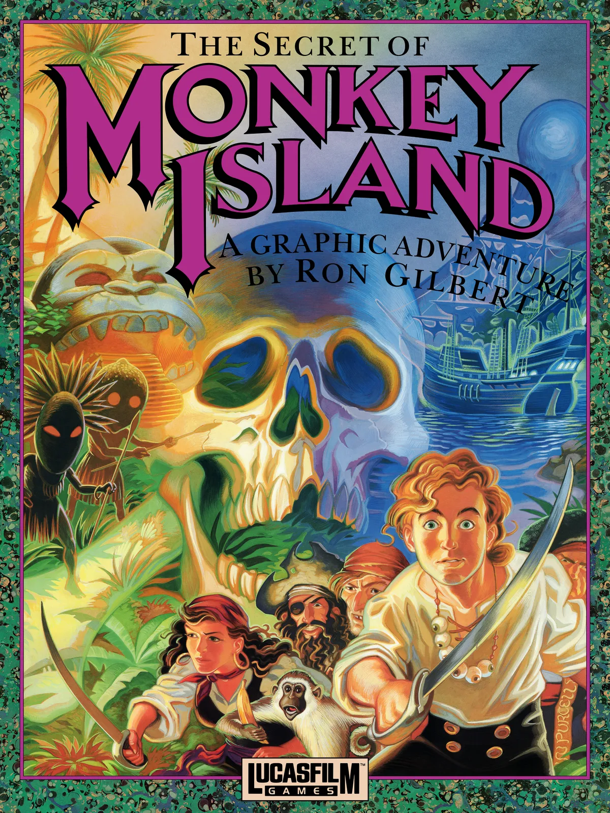 The final 1990 PC box art for The Secret of Monkey Island: Guybrush in silhouette holding a torch on a moonlit cliff, LeChuck's lava-lit ship below.
