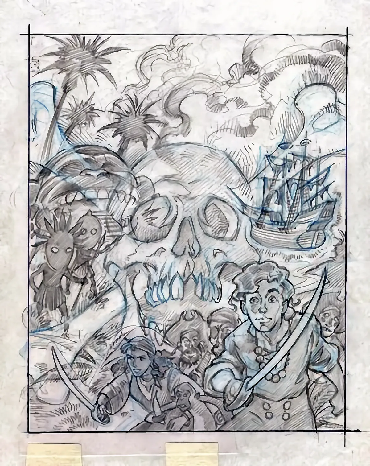 Steve Purcell's pencil comp for the Monkey Island cover, Guybrush's figure incomplete and the composition still loose.