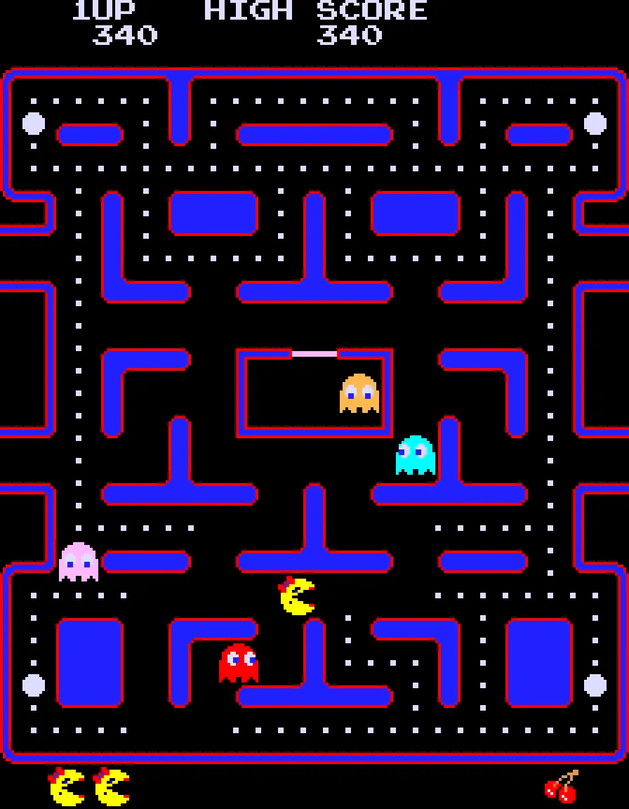 The blue first maze of Ms. Pac-Man, with the character at lower centre pursuing a power pellet.