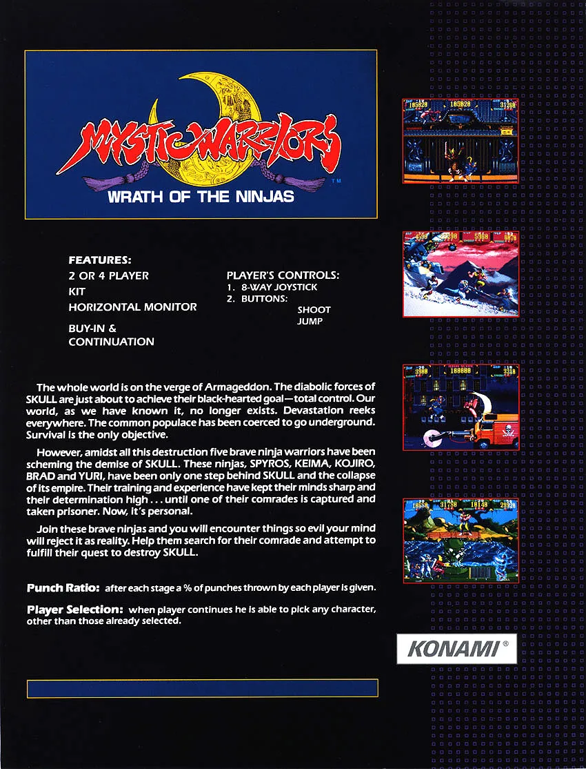 The flyer back, with cabinet specifications, control diagram and four-player co-op messaging.