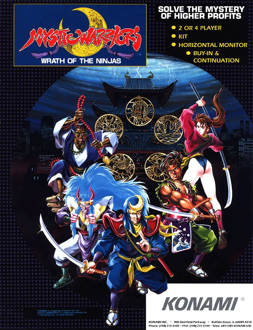The Konami Mystic Warriors US arcade flyer front, the five-ninja roster overlaid on red and gold backdrop.