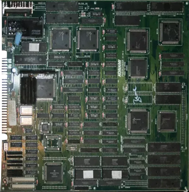 Konami GX128 arcade printed circuit board, rows of chips on green PCB.