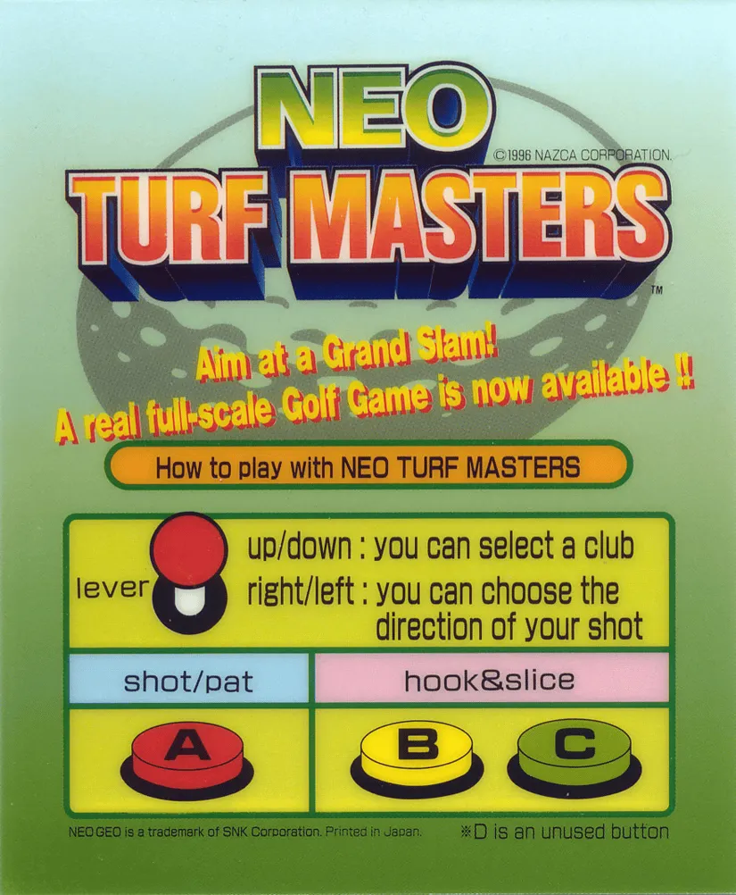 The Neo Turf Masters arcade instruction card, showing the joystick directions and A, B, and C buttons for shot, putt, hook, and slice.