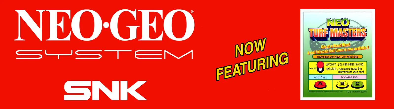 The Neo Turf Masters arcade marquee, with a red background, white Neo Geo lettering, and an instruction-card inset on the right.