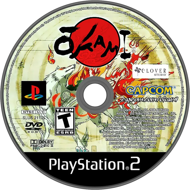 North American PlayStation 2 DVD-ROM disc for Ōkami: sumi-e ink wash with a red rising sun, Capcom and Clover Studio wordmarks at the spindle, PlayStation 2 wordmark at the foot.